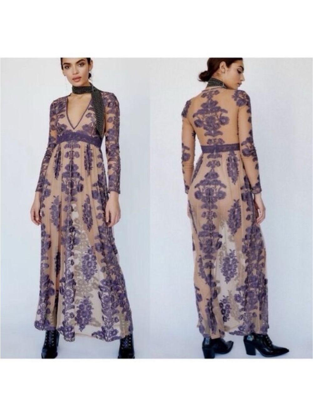 For Love & Lemons Purple Cream Sheer Lace Embroidered Maxi Dress L Romantic Boho - Picture 7 of 7